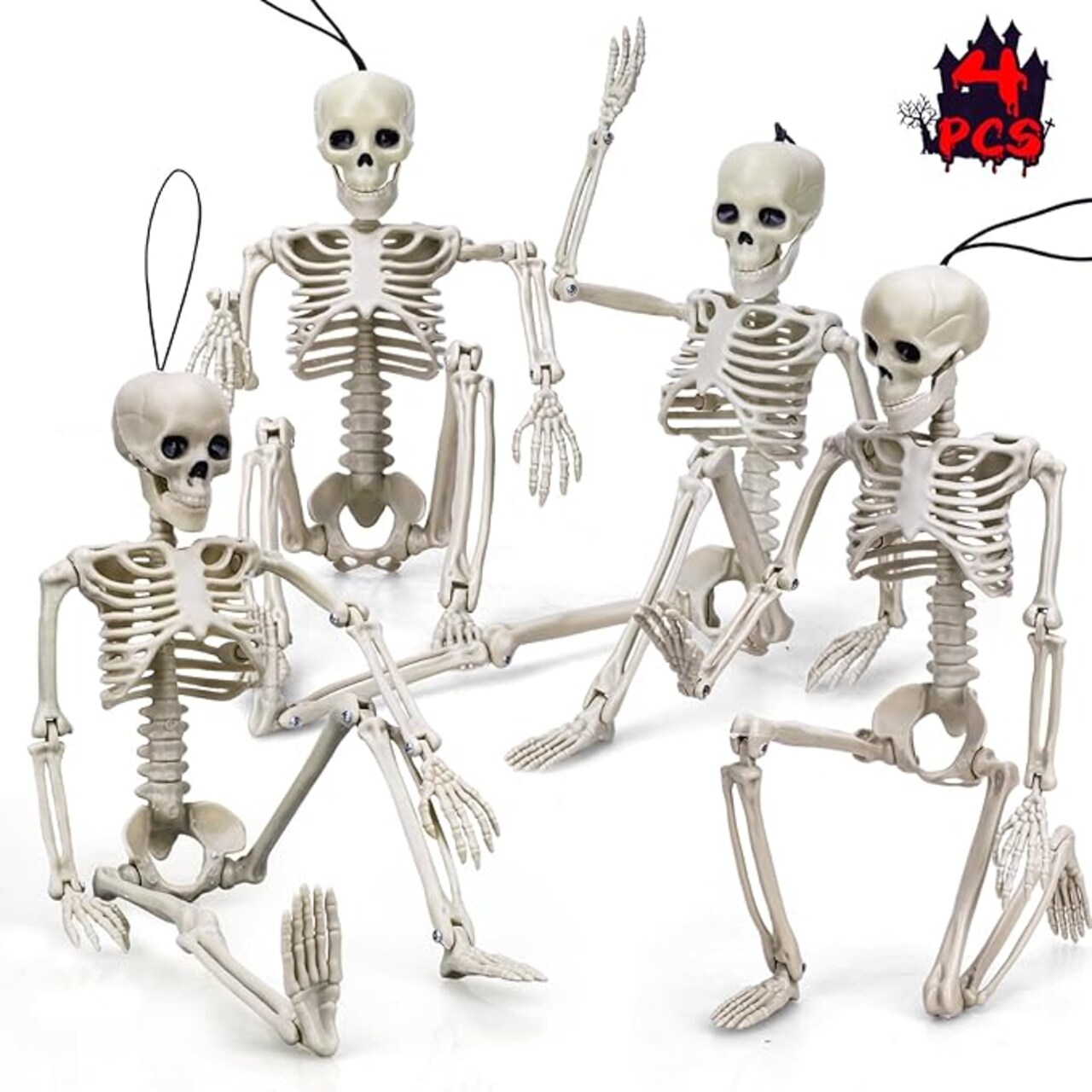 4 Pcs Halloween Skeleton 16" Posable Skeleton Decor, Full Body Posable Joints Halloween Outdoor Skeletons, Halloween Skeletons Decorations Outdoor Indoor, Plastic Hanging Skeleton Decorations